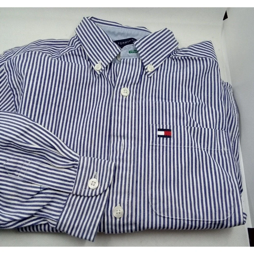 Tommy Hilfiger Boys Blue White Striped‎ Button Down Oxford Shirt Size 6 Cotton